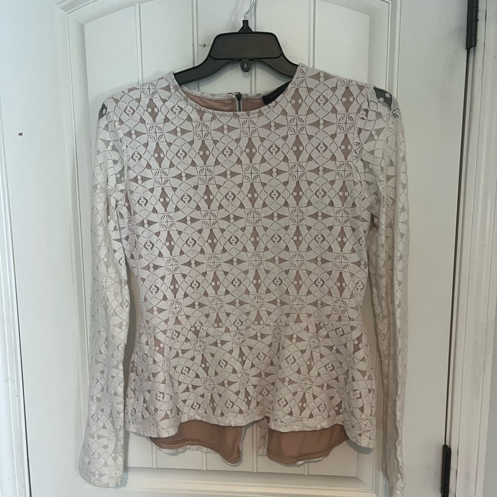 BCBGMaxAzria Ivory Lace Long-Sleeve Peplum Top with Nude Lining